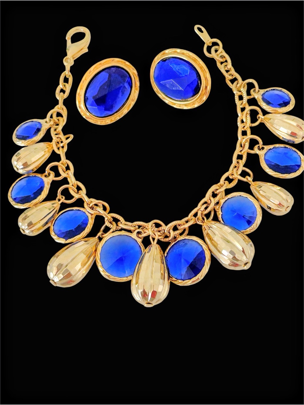 Swarovski Gold-Tone Bracelet & Clip-On Earrings with Deep Blue Stones